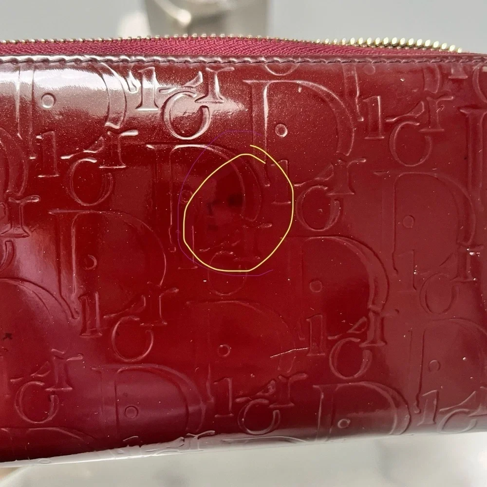 DIOR | Vintage Trotter Print Patent Leather Long Zip Wallet in Bordeaux/Lavender